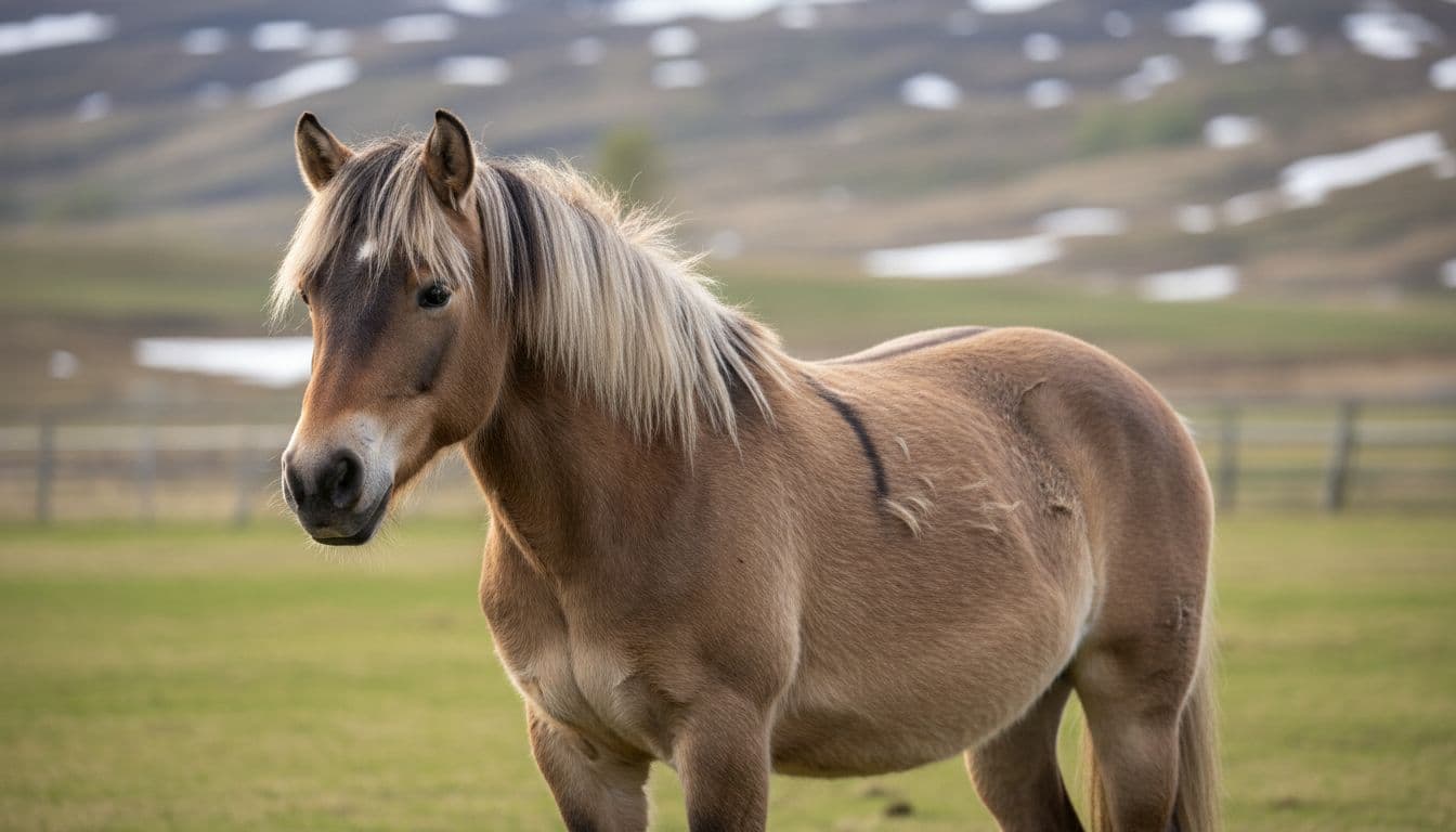 Realistic high-definition portrait of a Fjord horse with dun coat, dark dorsal stripe, and bicolor brush mane, groomed during spring molt in a bright grassy paddock with blurred Scandinavian hills and soft morning light.