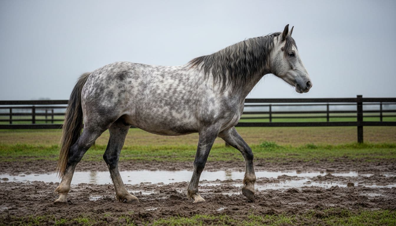 Gypsy Vanner horse in muddy paddock after rain, legs protected and dry with waterproof spray, shiny coat free of mud. Gray coat with white spots, wavy mane, serene walk focusing on clean legs against wet ground, realistic photo style.