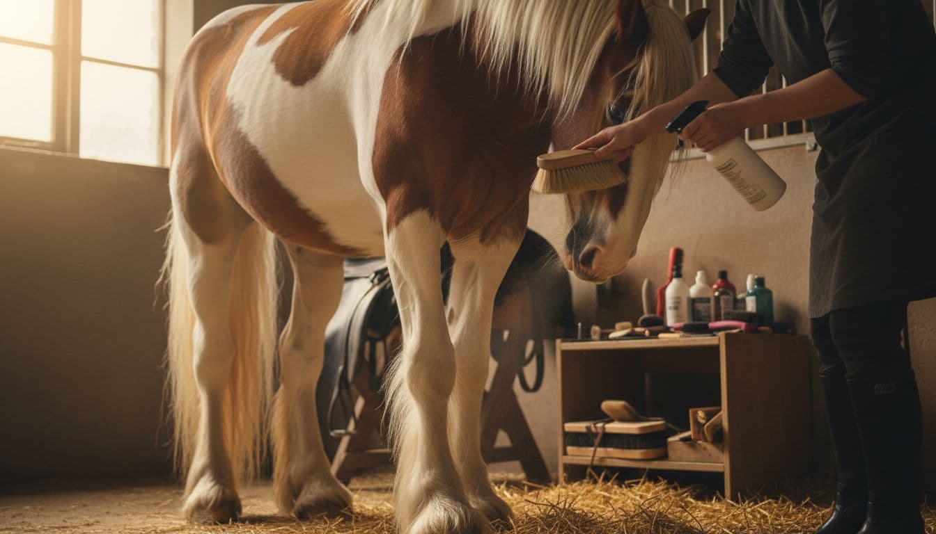 High-resolution realistic scene of a person grooming a Gypsy Vanner horse's feathered legs by applying anti-mud spray and using a soft brush to untangle the hair in a bright stable.