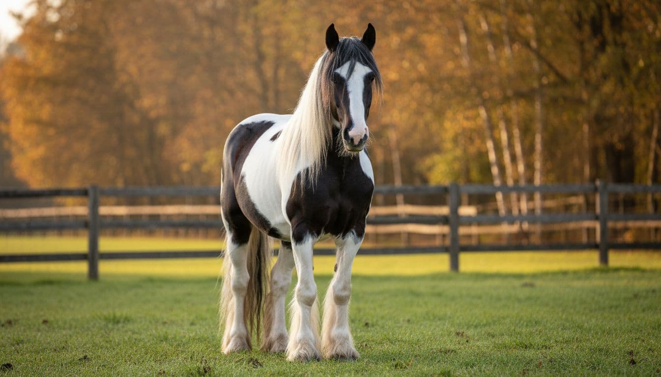 Realistic high-resolution portrait of a black-white pinto Gypsy Vanner horse featuring long thick mane, abundant impeccably groomed feathering on fetlocks and pasterns, healthy legs, in a clean grassy paddock with rural wooden fence and autumn trees under soft morning sunlight.