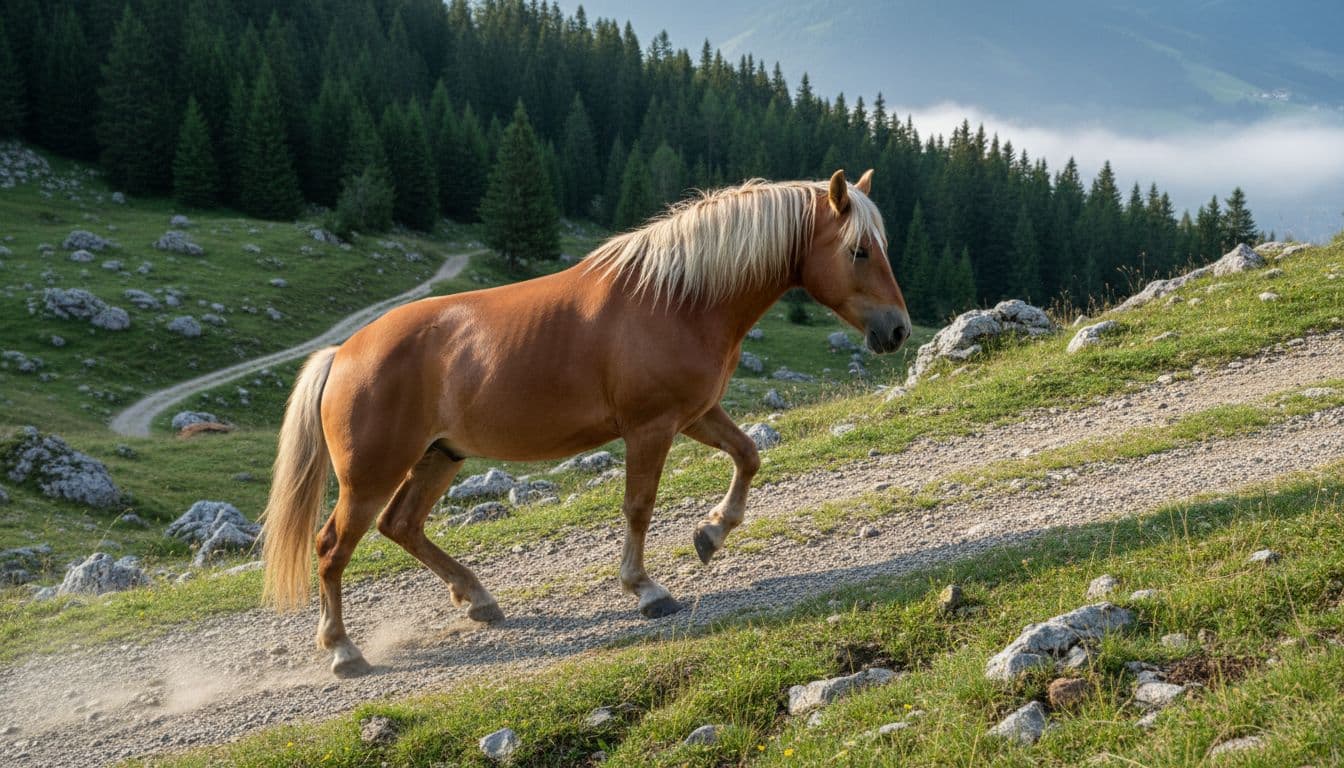 Haflinger che affronta un sentiero ripido in salita, con posteriori impegnati sotto la massa e postura stabile