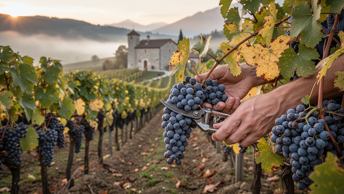 Realistic high-definition photograph of a relaxed hand with pruning shears delicately cutting a cluster of ripe Pinot Nero grapes in neat vineyard rows on Alto Adige hills at sunset, with blurred ancient stone winery and misty valleys in the background.