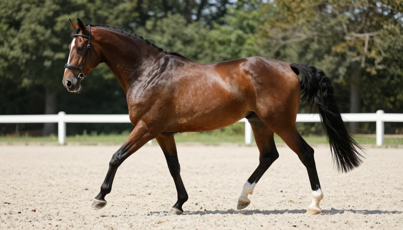 Realistic portrait of a 6-year-old shiny chestnut Hanoverian dressage horse showcasing perfect joint alignment, straight limbs, clean knees and hocks, and fluid walk with symmetry and elasticity, captured in dynamic side view in a light sand dressage arena under soft morning light with bokeh tree background.