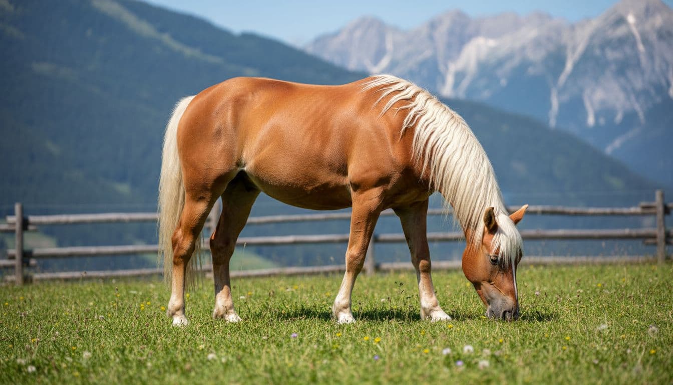 Haflinger in forma che pascola in paddock alpino recintato, con muscolatura evidente e addome asciutto