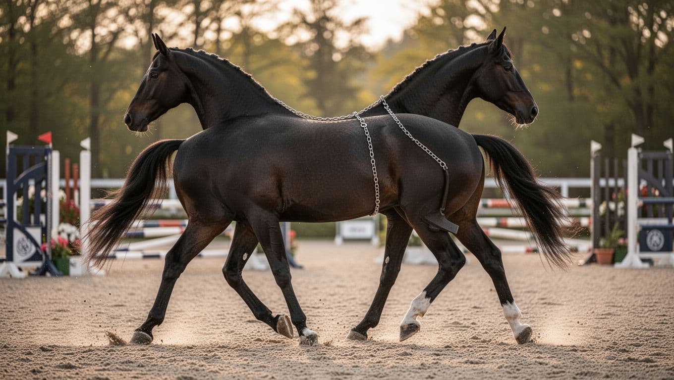 Realistic high-definition image of a dark Holsteiner horse in extended trot, full lateral view focusing on its elastic back chain with arched neck, prominent withers, flat back, and mobile loin in a sand jumping arena under soft golden hour light.