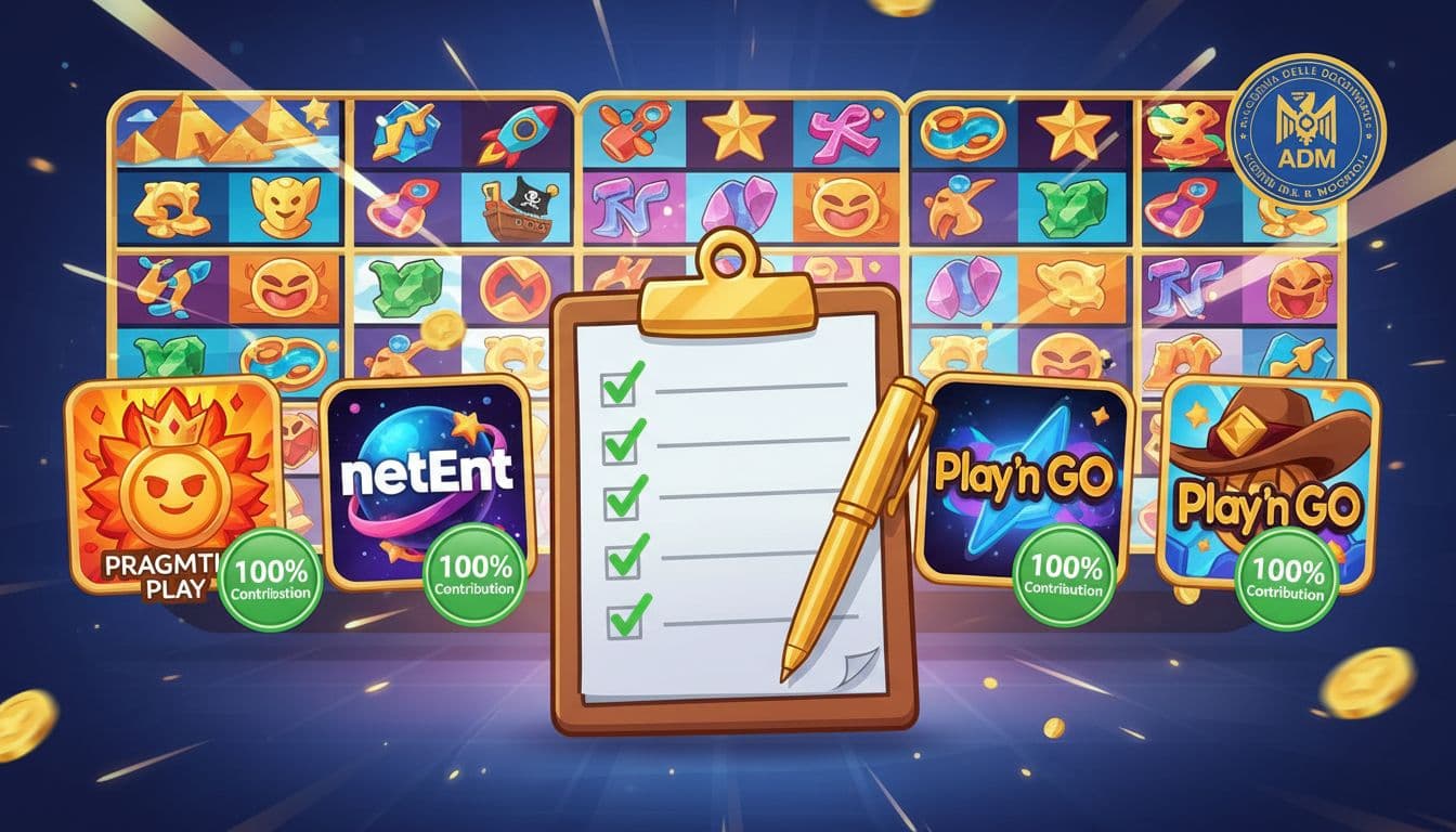 Illustrazione colorata di slot qualificate e provider con checklist e simboli di approvazione.