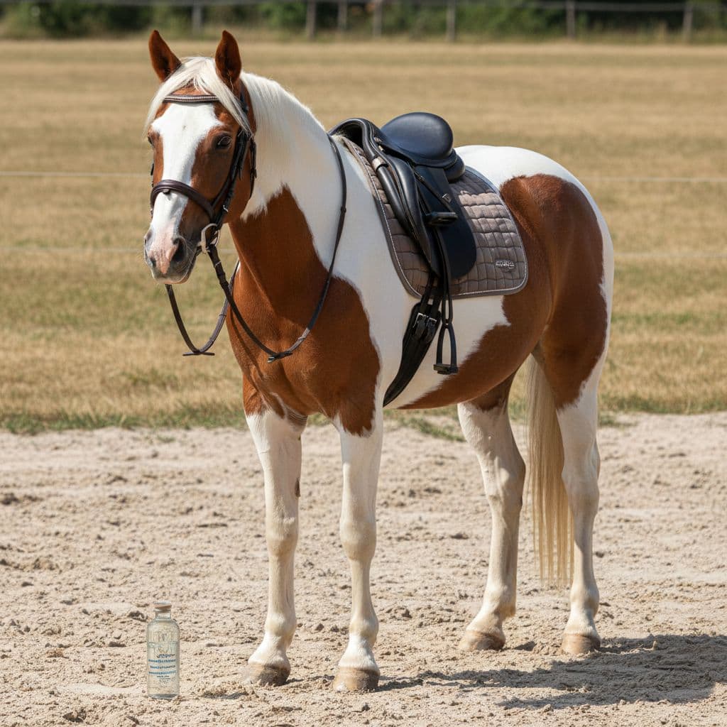A robust Paint Horse with mixed Tobiano and Sabino coat on chestnut base stands firmly in an Italian outdoor arena, saddled for trail endurance, with subtle DNA symbol highlighting genetic health.