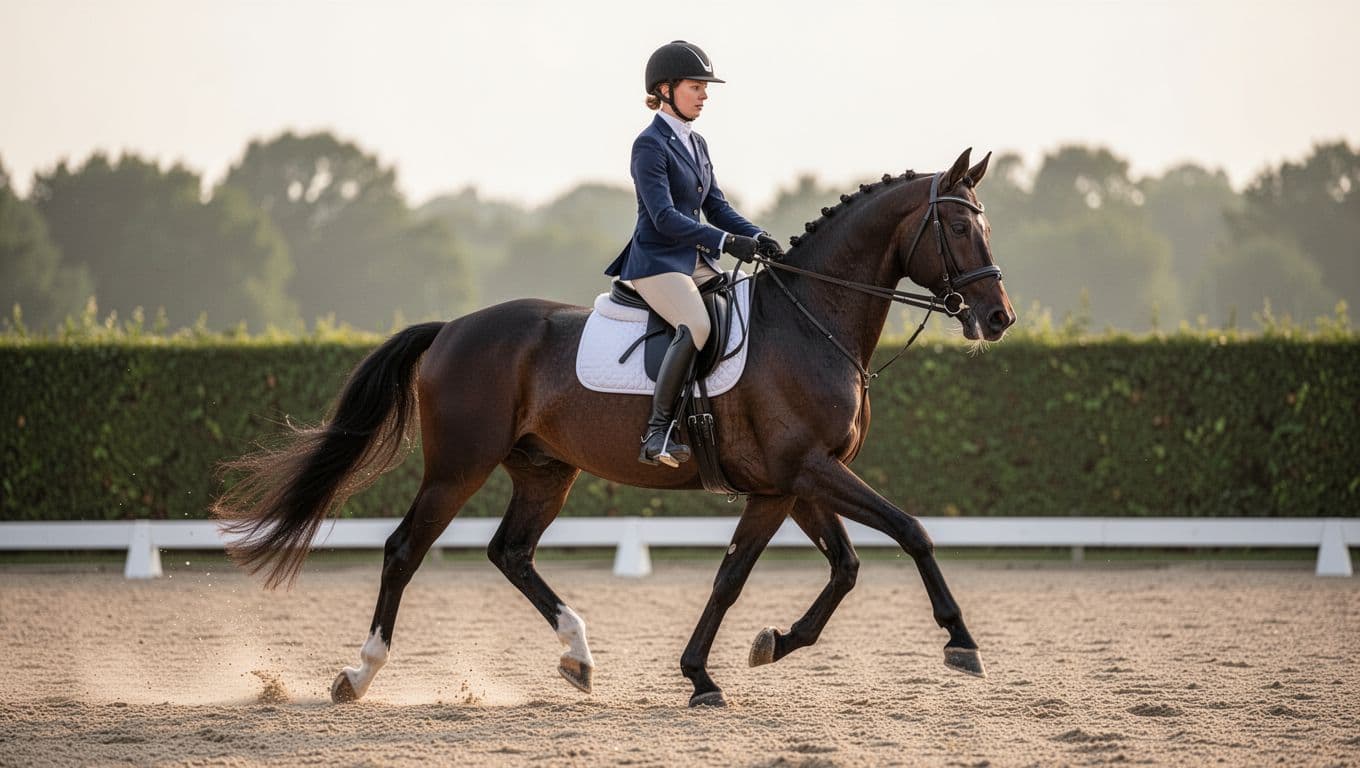 Realistic digital illustration of a shiny dark bay KWPN Dutch Warmblood horse performing a collected trot with light half-passage in a dressage arena on light sand, ridden by an amateur in simple attire, captured in 3/4 side view under soft morning light with minimal blurred green hedge background.