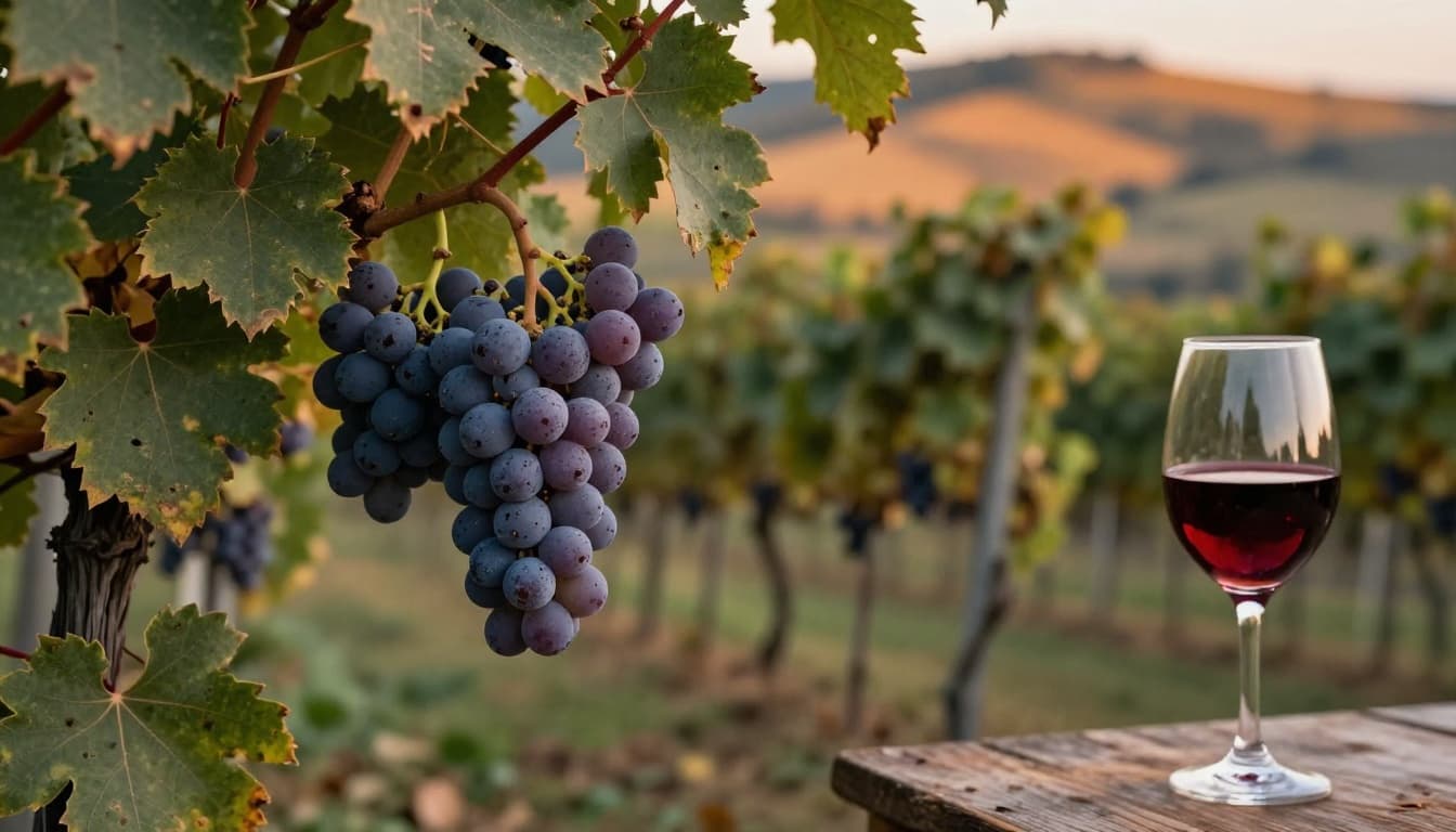 Close-up of ripe Lagrein grape clusters with dark purple skins hanging from the vine amid autumn leaves, set against a blurred South Tyrolean vineyard with Dolomite hills at sunset. A glass of intense red Lagrein wine with visible legs sits on a wooden surface in the bottom right.