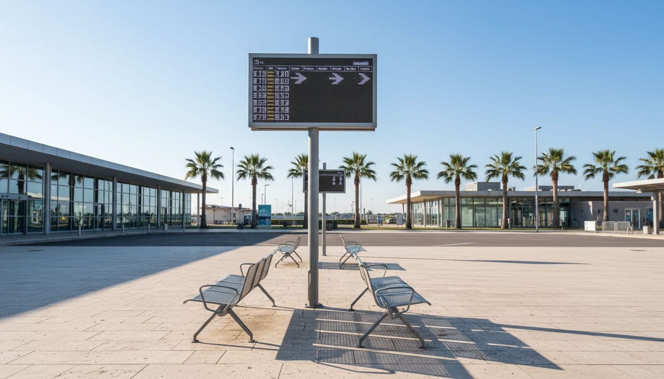 Pannello orari bus in area arrivi dell'aeroporto di Lamezia, stile fotografico realistico, senza testo leggibile.