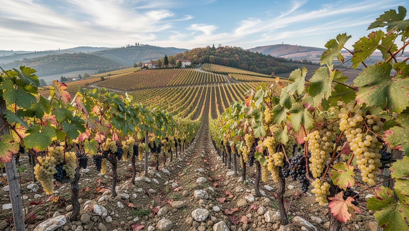 Realistic panoramic view of Moscato Bianco vineyards on the rolling hills of Langhe, Piedmont, Italy, during autumn harvest, featuring ripe golden grapes, colorful autumn leaves, and soft morning sunlight.