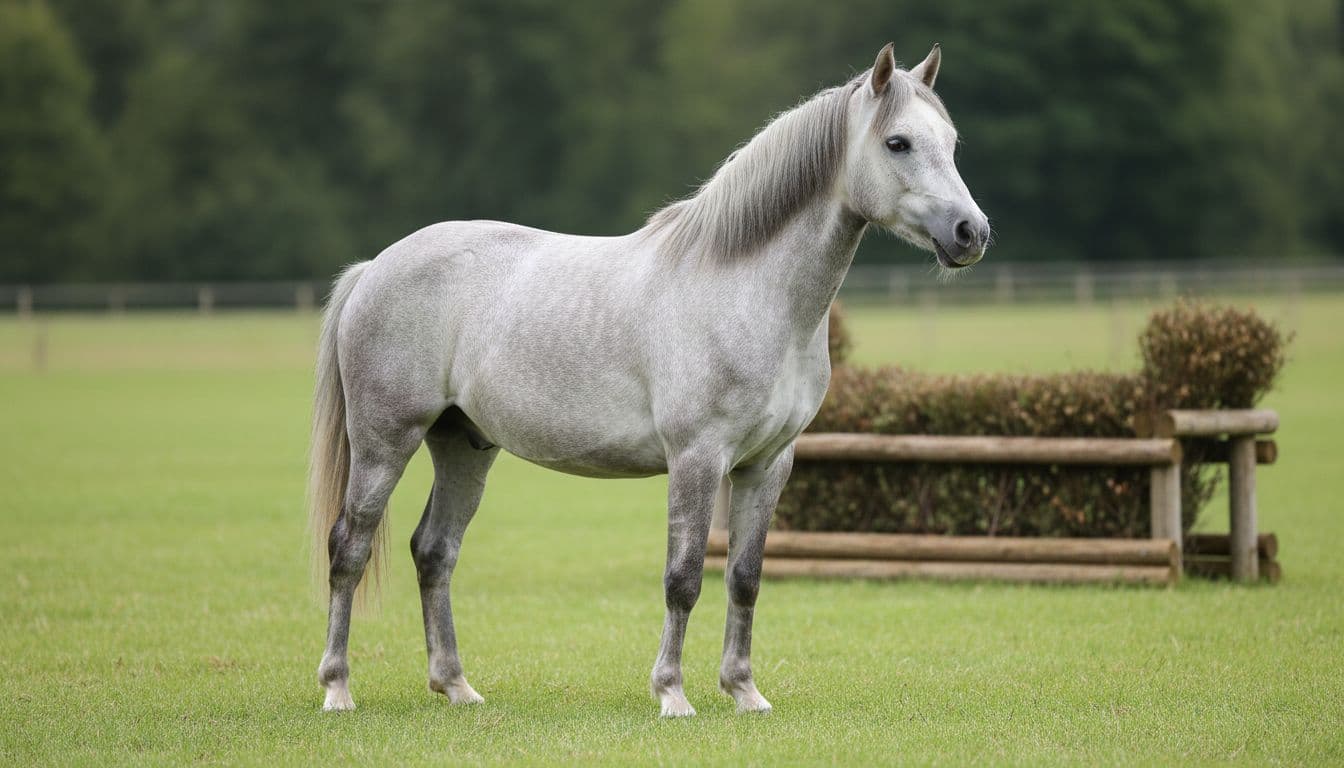 High-definition realistic portrait of an Irish Connemara pony with light gray coat, compact athletic build, well-set neck, muscular shoulder, short strong back, and correct legs, posed in three-quarters on grassy terrain with a small cross-country obstacle in the background. Professional equestrian photography style featuring soft natural light, clean uncluttered background, natural colors, and high sharpness.