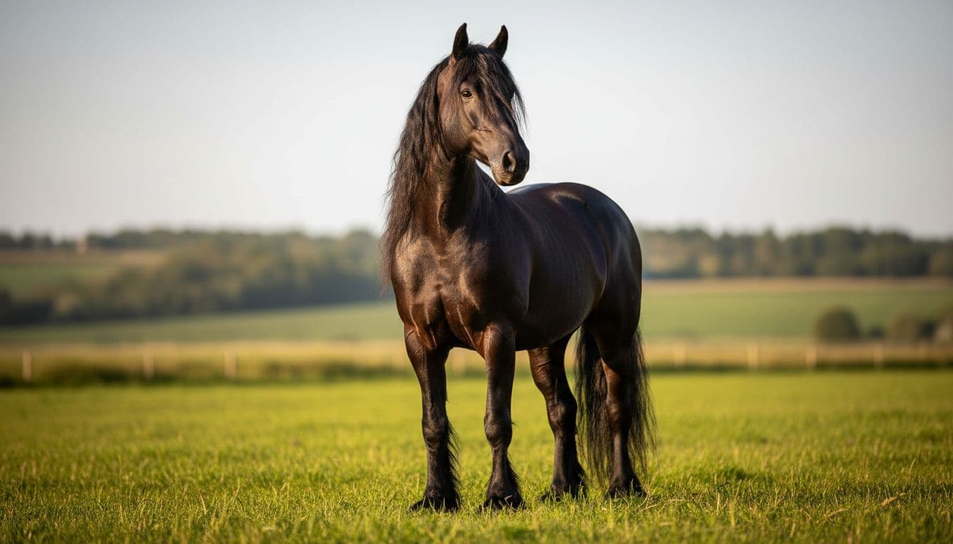 Ritratto fotorealistico di un cavallo Frisone nero in un prato al tramonto