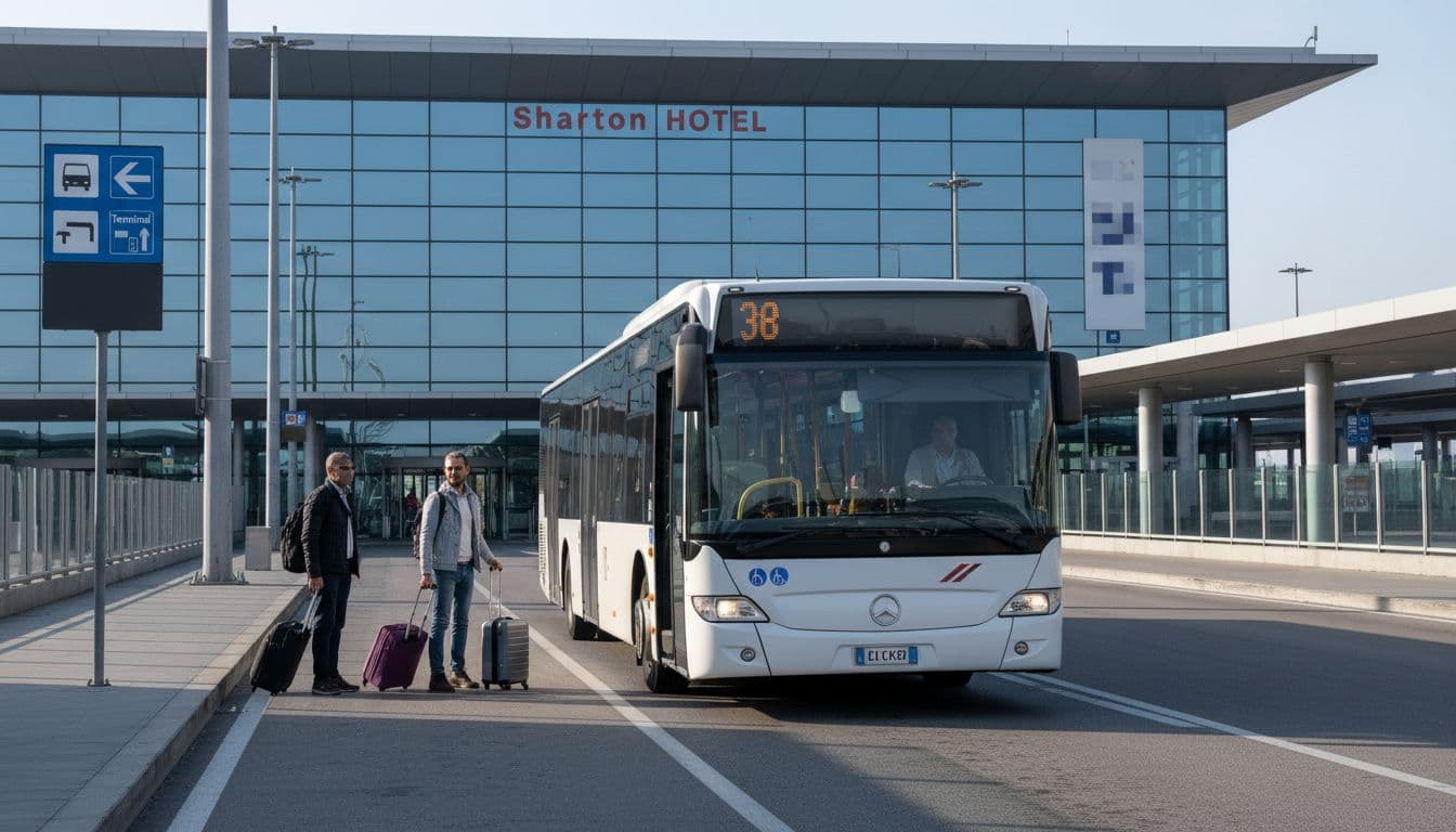 Vista esterna realistica dell'arrivo di un autobus bianco al piano -1 del Terminal 1 Aeroporto Milano Malpensa fronte Hotel Sheraton, mattina serena con segnaletica aeroporto, tre persone con valigie vicino al bus.