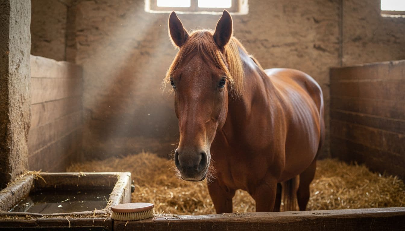 Cavallo Maremmano in stalla durante la pulizia