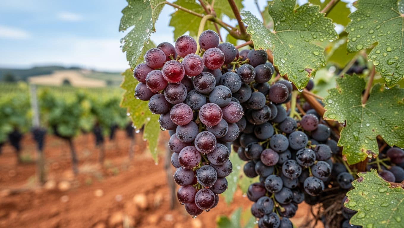 Realistic high-definition close-up of mature Colorino grape clusters with deep red-purple berries covered in thin white bloom, morning dew drops, partial green leaves, and blurred Tuscan vineyard background.
