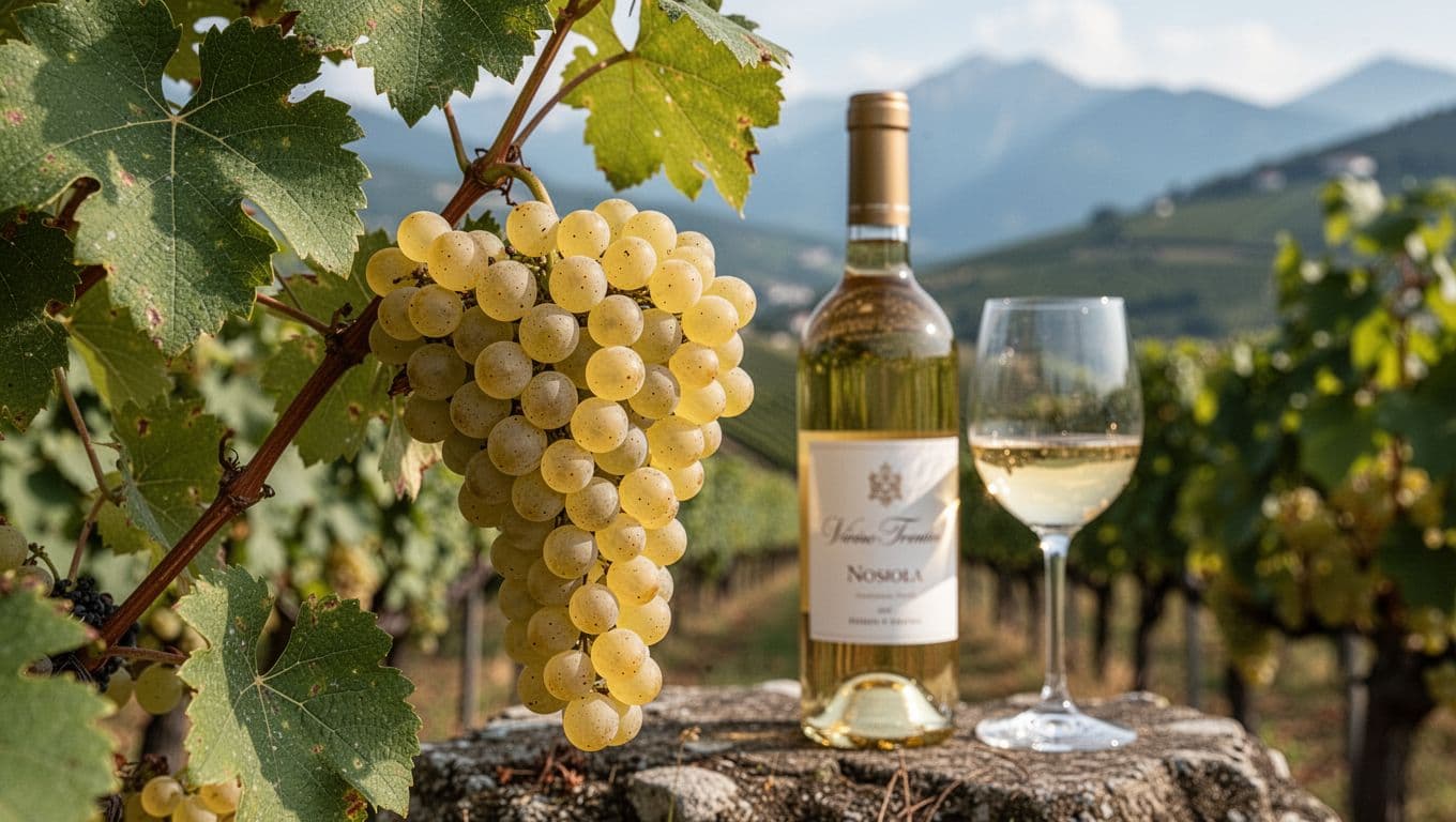Realistic editorial photo in wine magazine style featuring a detailed cluster of mature Nosiola grapes in the foreground amid Trentino hilly vineyards at midday, with soft natural light, blurred bokeh background of a white wine bottle and glass, shallow depth of field.