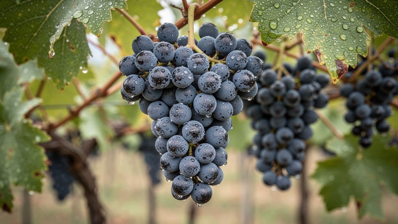 High-definition realistic macro photograph of mature Pignolo grape clusters with small blue-black berries covered in natural white pruina, hanging from thin stems amid partially blurred leaves and morning dew drops, set against a softly lit blurred vineyard in Colli Orientali Friuli.
