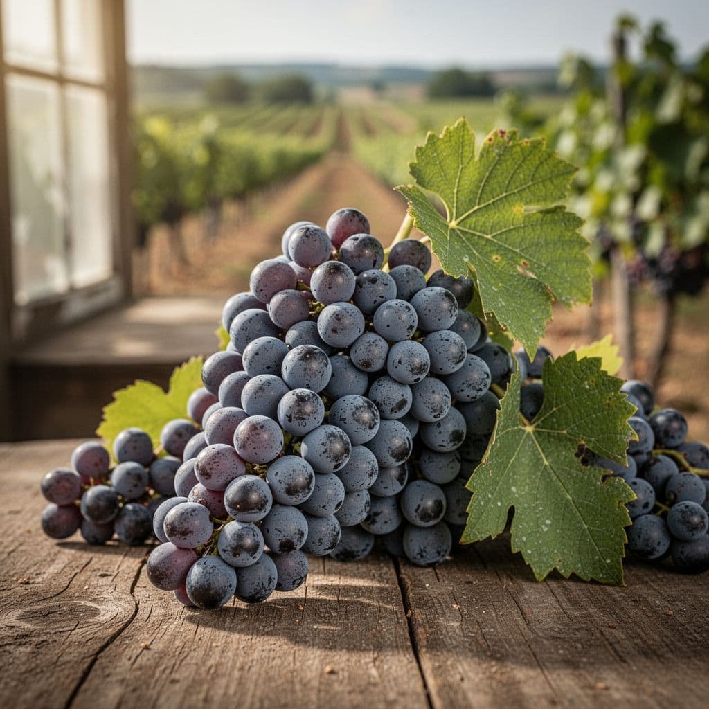 Detailed close-up of a compact conical cluster of mature, freshly harvested Pinot Noir grapes with small dark blue-violet berries covered in white pruina, on a rustic wooden cellar surface, soft natural side lighting, and blurred vineyard bokeh background.