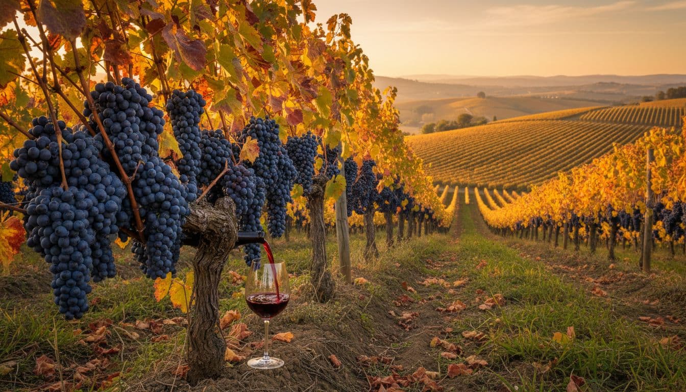 Vigneto di uve Merlot mature con grappoli viola scuro su una collina soleggiata in autunno, calice di vino rosso versato accanto a una vite, illuminato da luce calda dorata del tramonto.