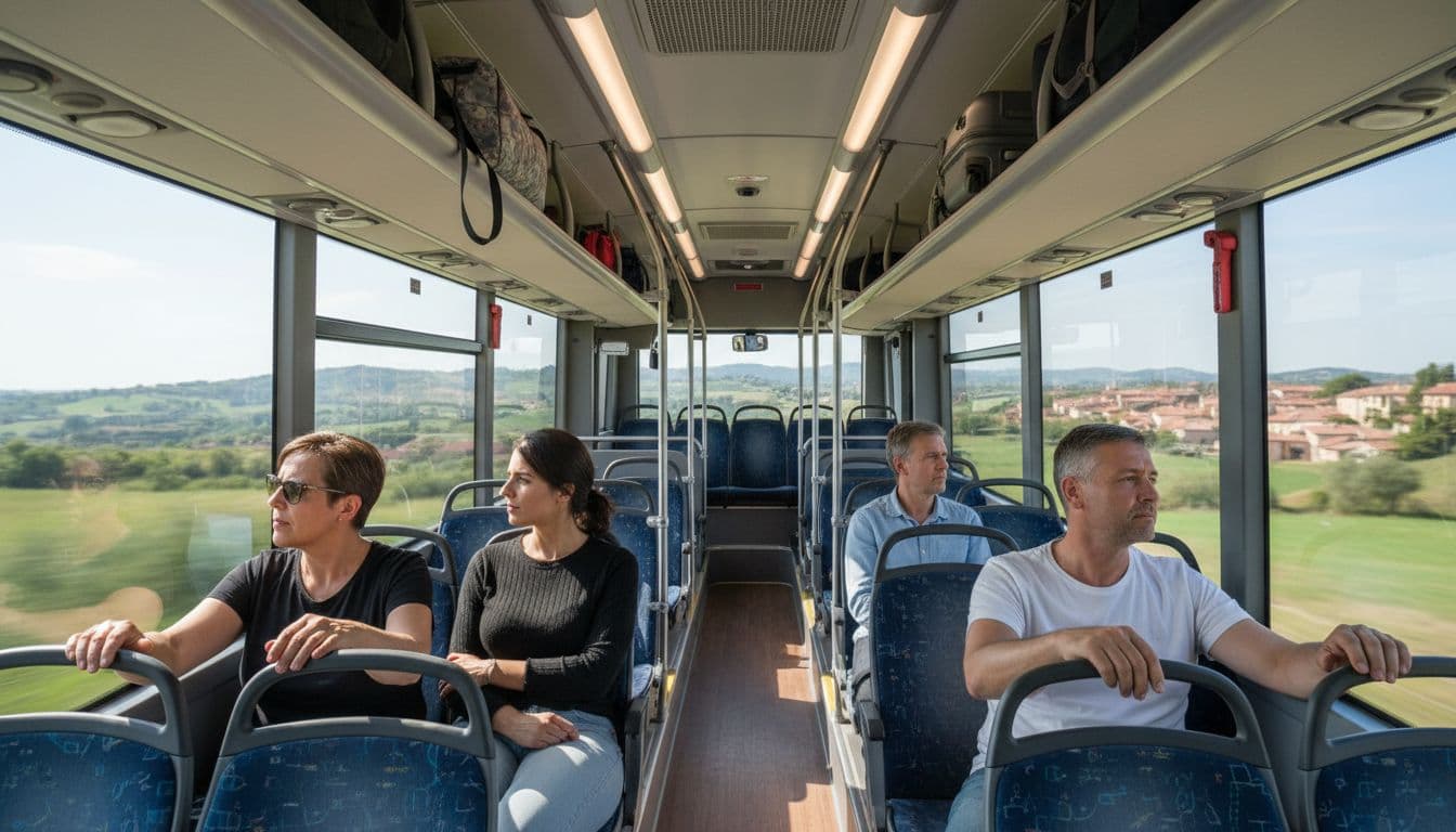 Interno di un autobus moderno con passeggeri seduti, luce naturale, stile fotografico realistico.