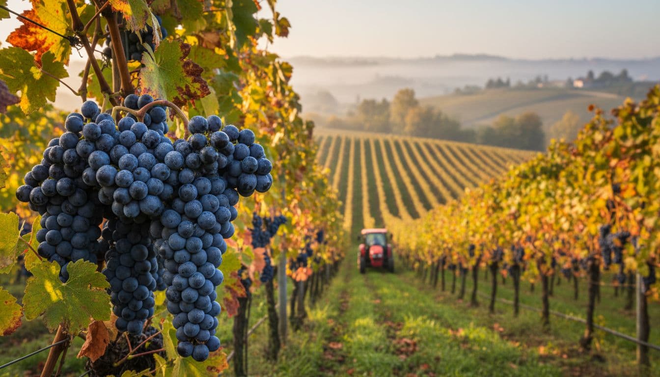 Vigneto di Barbera in Monferrato durante la vendemmia autunnale