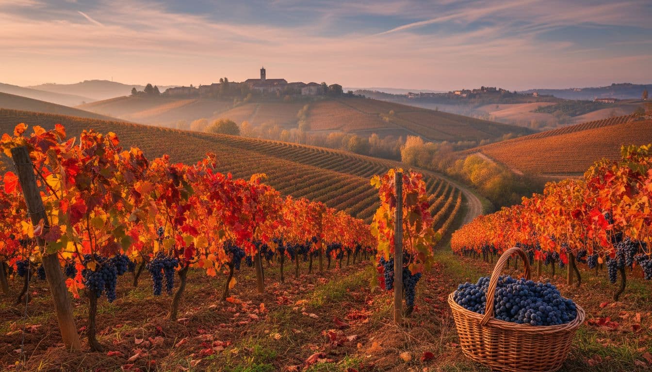 Colline del Monferrato con vigneti di Barbera in autunno