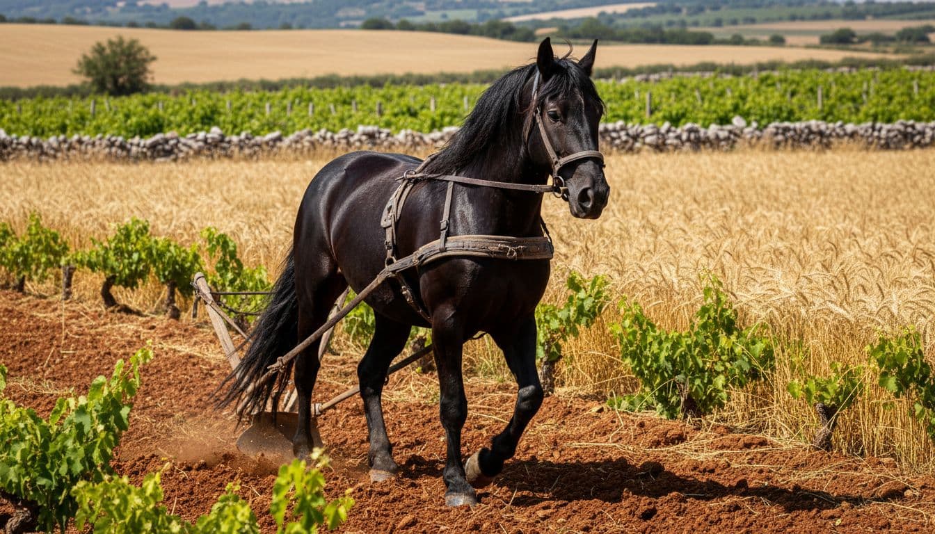 Cavallo Murghese impiegato al lavoro nei campi, tra vigneti e campi di grano