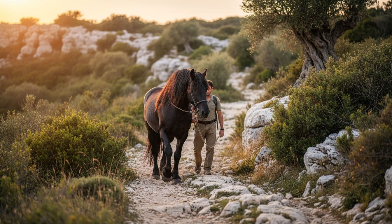 Cavallo Murghese durante un trekking su sentiero tra macchia mediterranea e rocce calcaree