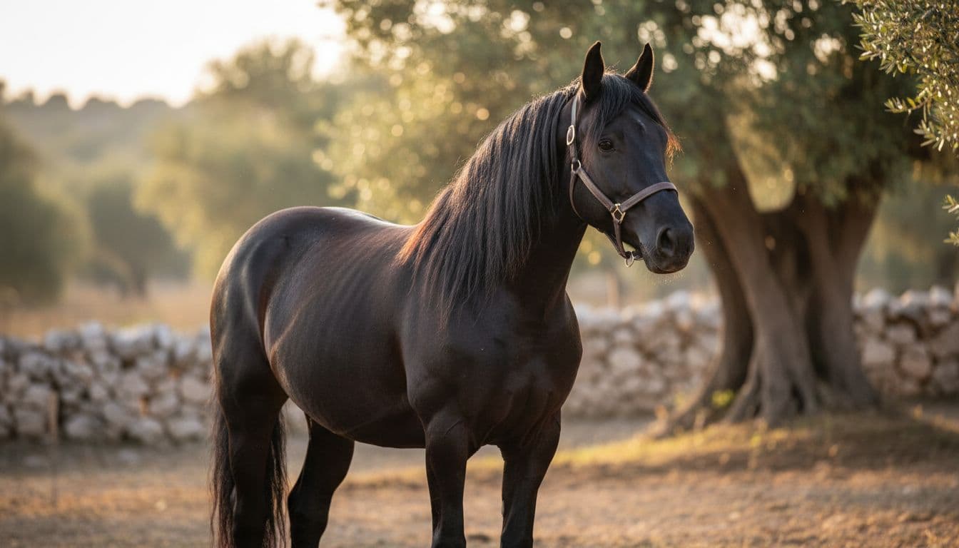 Ritratto realistico di un cavallo Murghese morello tra ulivi e muretti a secco in Puglia