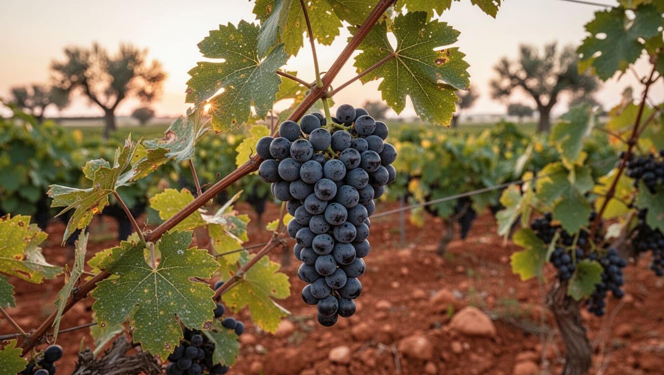 Close-up professional photograph of a dark Negroamaro grape cluster with pruina on a green shoot, against a bokeh-blurred Puglia vineyard, warm sunset light, saturated natural colors, and Mediterranean atmosphere with distant olive trees.