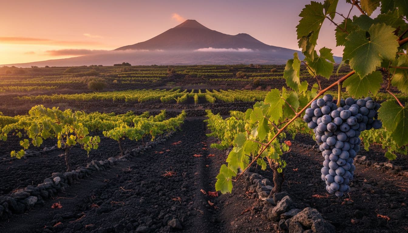 Vigneto di Nerello Mascalese sulle pendici vulcaniche dell’Etna al tramonto, con suolo nero di lava, filari ordinati, muretti in pietra lavica e il vulcano sullo sfondo