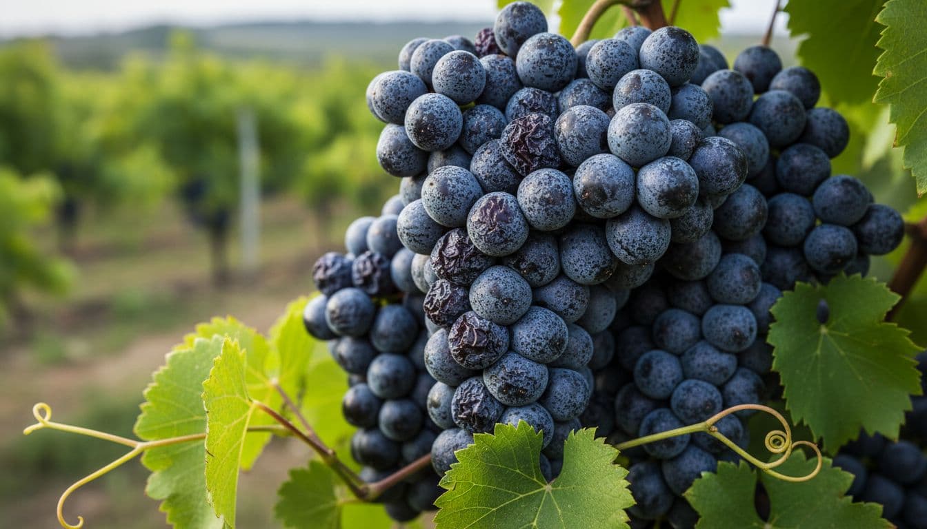 Photorealistic macro close-up of ripe Nero d'Avola grape clusters featuring intense black berries with white pruina, detailed rough skins, crushed grapes revealing violet juice, fresh green leaves, and a softly blurred Sicilian vineyard background under diffused dawn light.