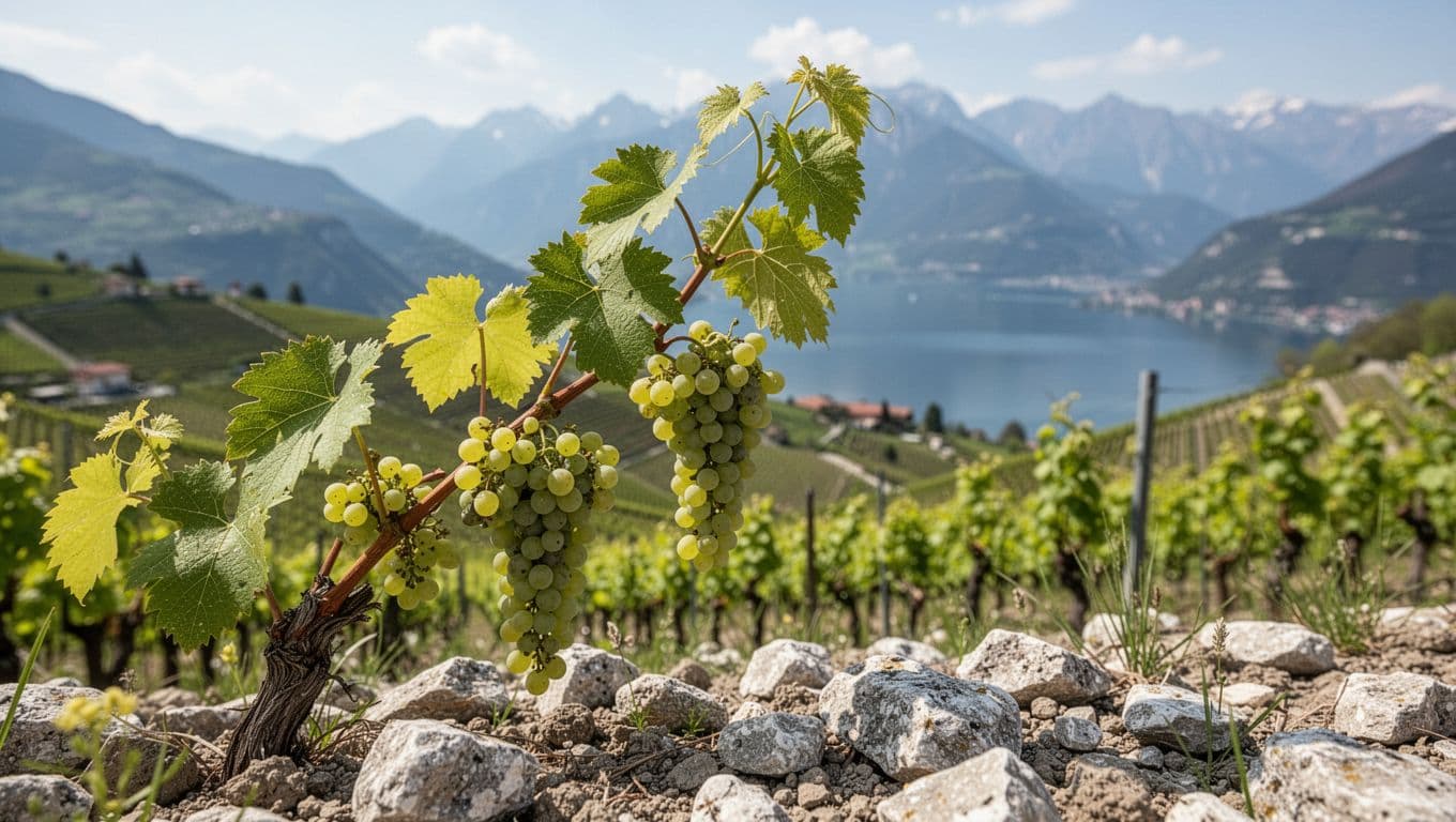 Realistic editorial photograph in wine magazine style of a Nosiola vine with young green grapes and fresh leaves on rocky limestone soil in Valle dei Laghi, Trentino, under diffused spring sunlight, blurred lake and mountain background.