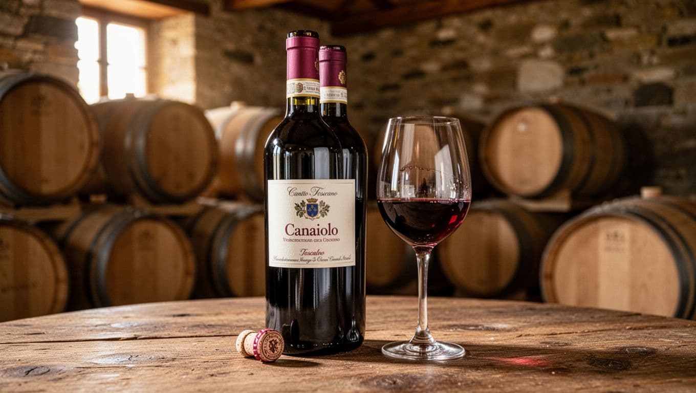High-resolution realistic editorial enogastronomic photograph of an opened bottle of Tuscan red wine from Canaiolo on a rustic wooden table in a cellar, accompanied by a glass showing slow wine legs, with blurred oak barrels and stone walls in warm light.