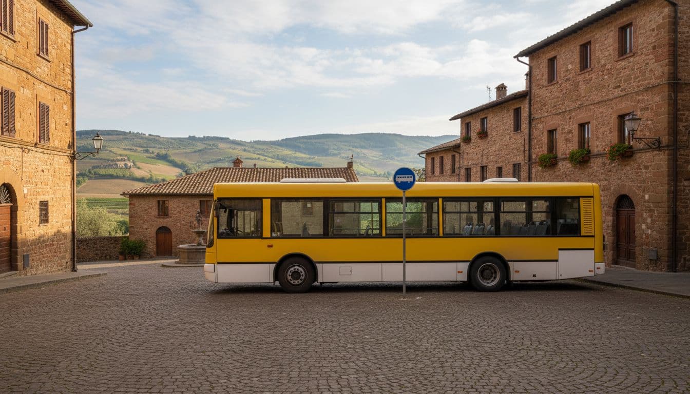 A yellow and white local bus parked at a bus stop in Orvieto's historic square with Umbrian hills in the background, wide side view in natural morning light, realistic photographic style.