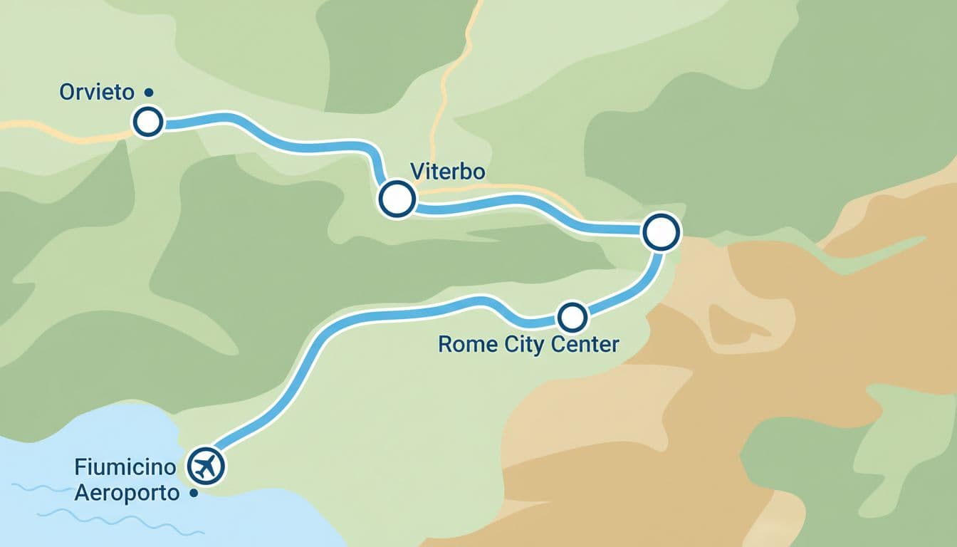 Simplified stylized vector map of the bus route from Orvieto to Rome Fiumicino, with main stops marked by dots along the path through Umbria and Lazio regions amid hilly landscapes.