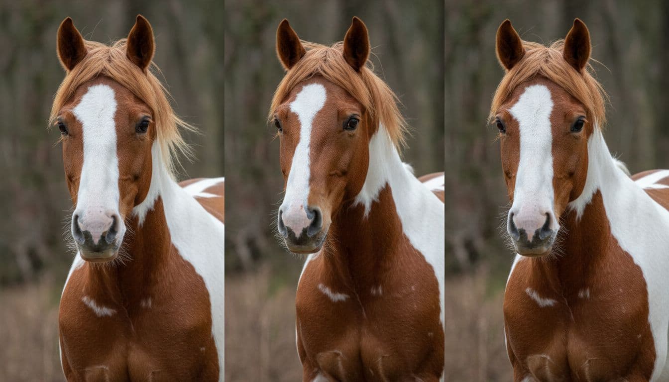 Realistic macro close-up of Paint Horse heads and necks showcasing Tobiano (sharp white patches on bay), Frame Overo (jagged white sides, colored head), and Sabino (white legs, scattered spots) patterns, with shiny coats, wind-blown manes, alert eyes, natural diffused forest lighting, and blurred woodland background.