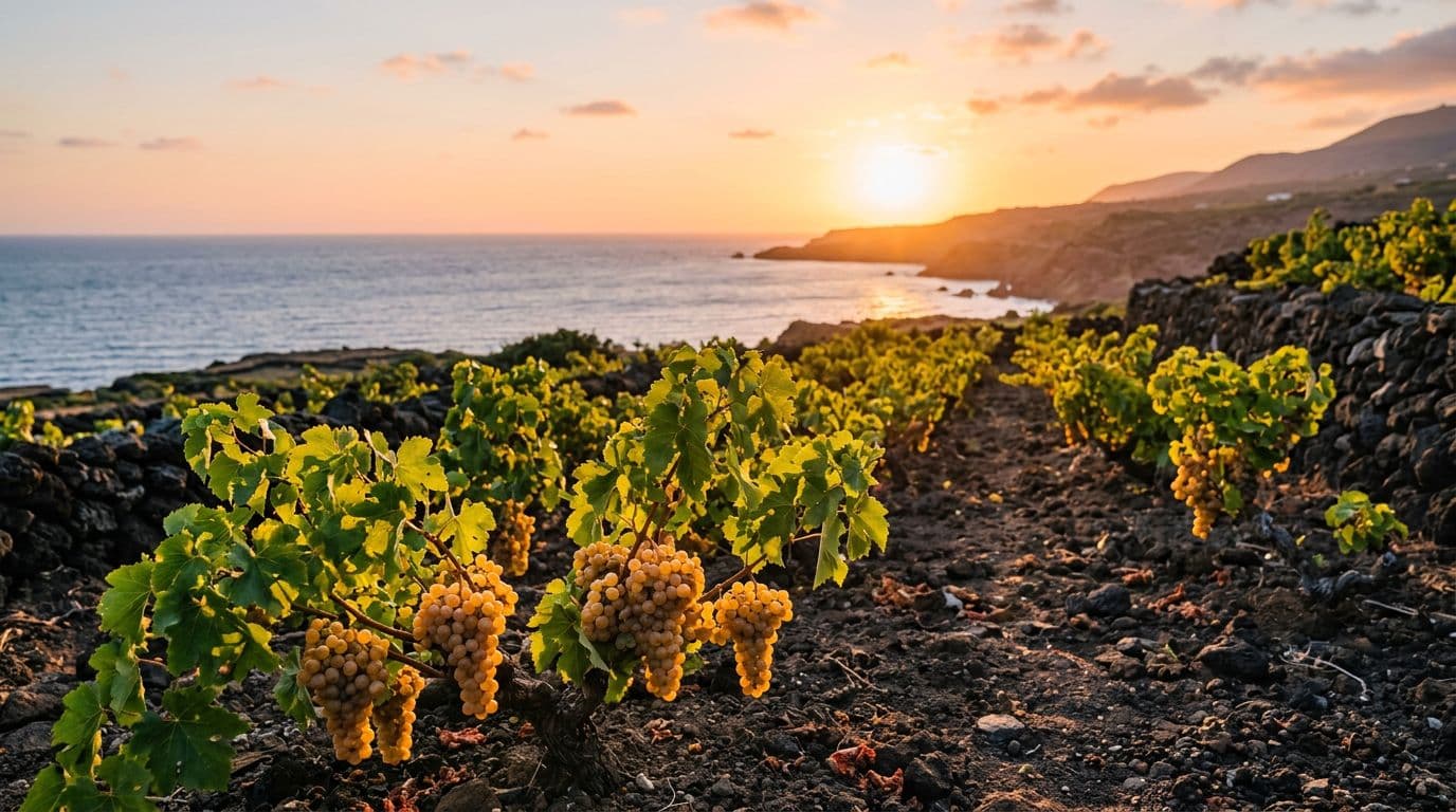 Photorealistic view of Zibibbo grapevines on black volcanic soil in Pantelleria, Sicily, at sunset, featuring low-trained Pantesca vines with ripe golden clusters, large berries, and green leaves illuminated by warm golden light. The background includes a calm sea, lava stone walls, and a clear orange sky, with sharp focus on the grapes and natural saturated colors.