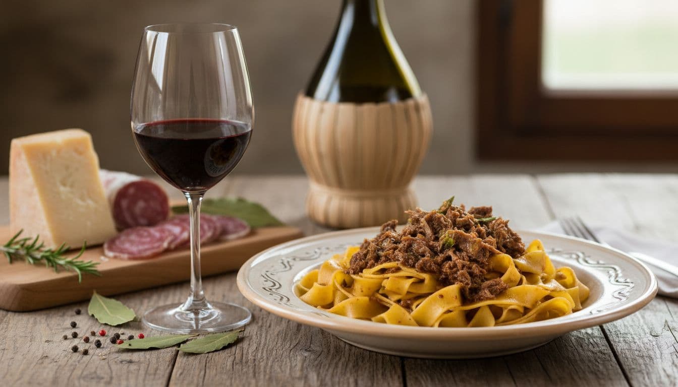 Elegant realistic image of pappardelle with wild boar ragù on a Tuscan table, accompanied by a glass and bottle of Chianti Classico, aged pecorino cheese, and salumi under soft natural light. Focuses on the harmonic composition of the Italian enogastronomic pairing with no text, watermarks, or people.