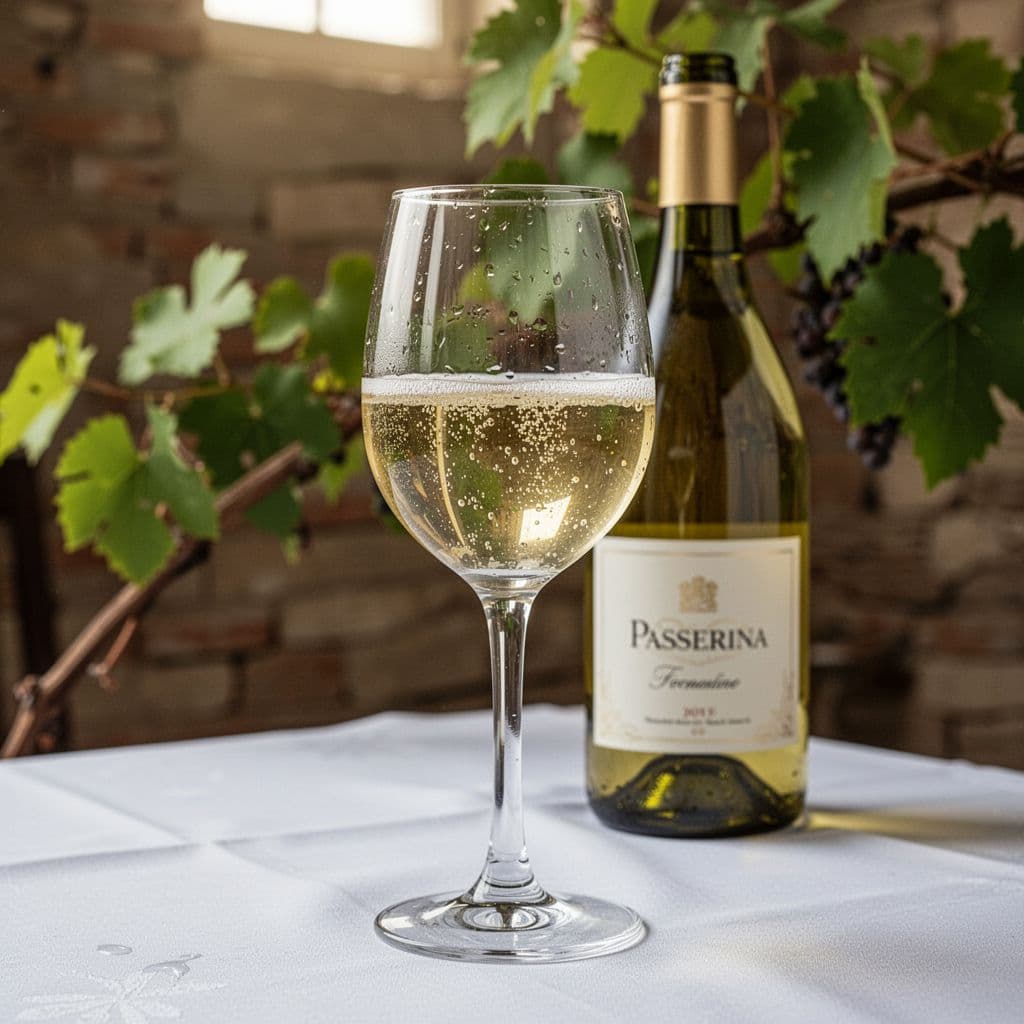 Calice di vino bianco Passerina su tavolo rustico con luce naturale