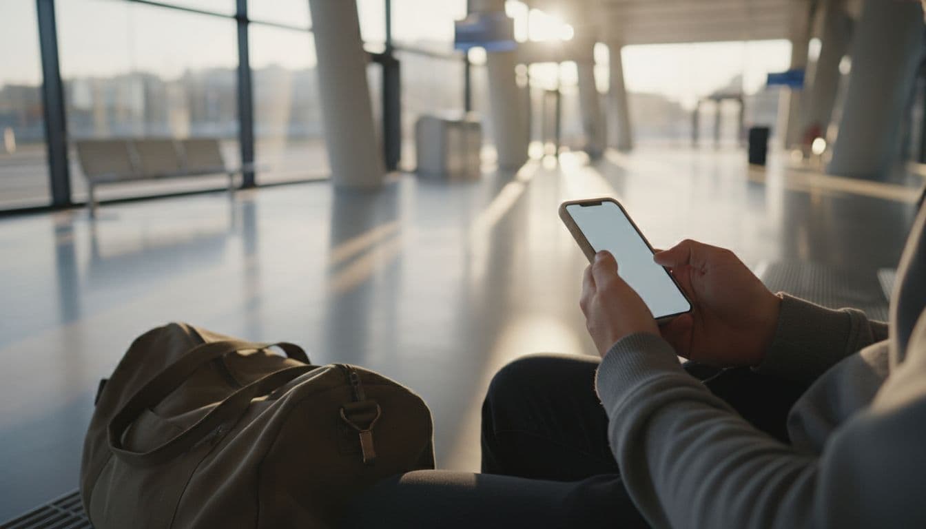 A single person purchases a bus ticket using a mobile app on their phone inside a modern bus station, with a blurred phone screen, travel bag on the ground, and natural window light.