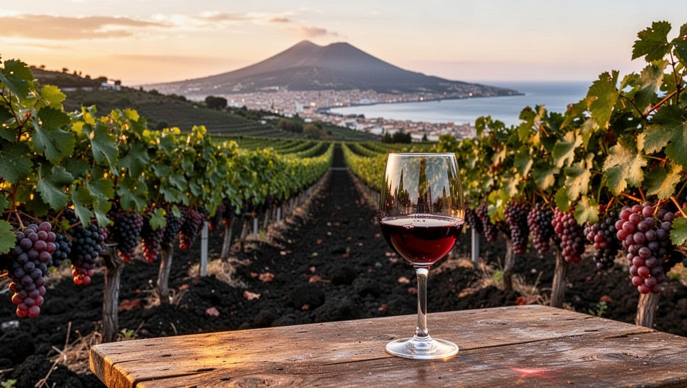 Realistic editorial photo of Campania hillside vineyard at sunset on Vesuvius slopes, ordered rows of Piedirosso vines with dark green leaves and ripe purple-red clusters, warm light on volcanic soil, distant Vesuvius and Naples Bay, foreground ruby red Piedirosso wine glass on rustic wooden table, shallow depth of field bokeh.