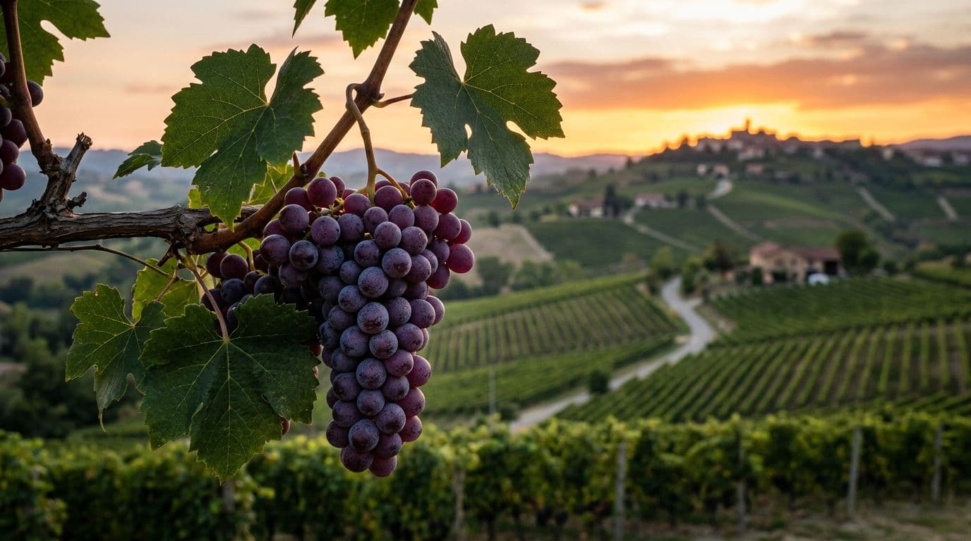 Realistic high-definition editorial enogastronomic photo of a Piedmont hillside vineyard at sunset with neat Brachetto vine rows and warm golden lights. Foreground features a ripe cluster of ruby-violet pruinose Brachetto grapes and dark green leaves, with soft bokeh hills in the background.