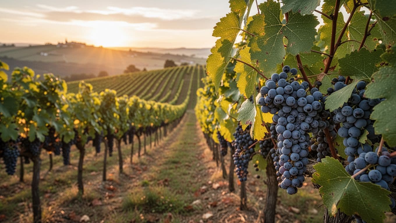 High-definition realistic photograph of a Pignolo vineyard in Italy's Colli Orientali del Friuli at sunset, with orderly rows on a gentle hill, small compact bluish-black pruinose grape clusters in foreground, green veined leaves, warm golden grazing light casting long shadows, shallow depth of field with soft bokeh, serene atmosphere, natural saturated colors.