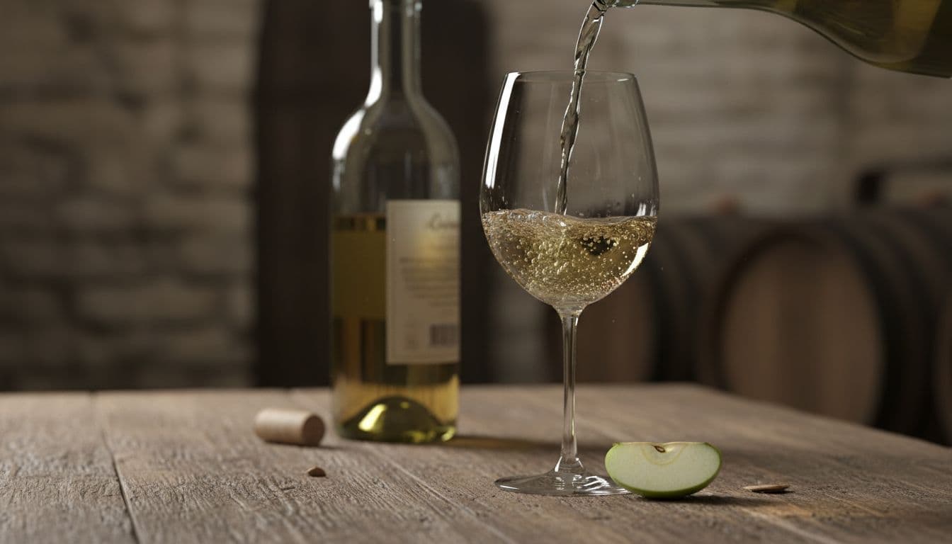 Realistic illustration of a poured Pinot Grigio wine glass with fine bubbles, straw-yellow color and greenish reflections, next to a blurred bottle on a rustic wooden table in a Friulian cellar, with a green apple slice nearby, soft natural light.