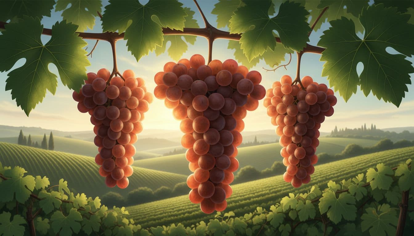 Realistic illustration of slightly pinkish and coppery Pinot Grigio grape clusters on a healthy vine with soft green leaves in a Friuli hillside vineyard, bathed in early morning golden light.