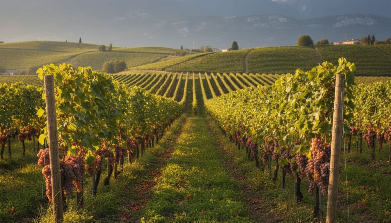 Realistic and refined illustration of a Pinot Grigio vineyard in the gentle hills of Alto Adige, Italy, with orderly rows of vines laden with pinkish grape clusters, blurred mountain landscape in the background, and golden late afternoon light.