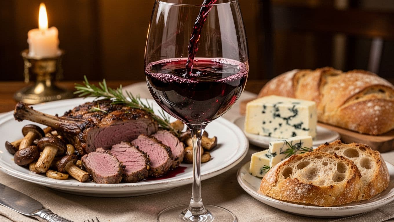 Close-up three-quarter view of an elegant glass of poured Pinot Noir wine featuring light ruby color with garnet reflections and slow legs along the stem, against a candlelit table with sliced roasted game, sautéed porcini mushrooms, erborinato cheese, and crunchy bread.