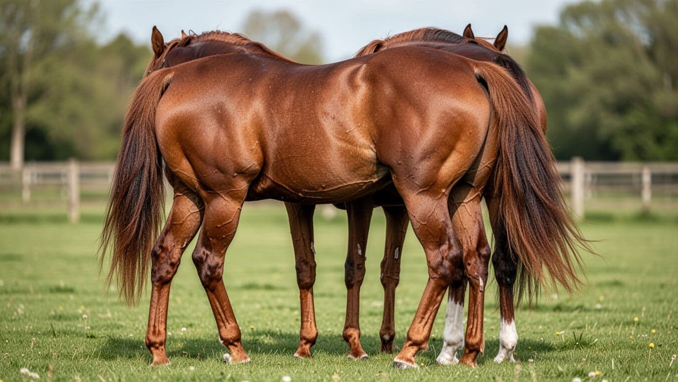 Hyper-realistic high-definition illustration of a Selle Français chestnut show jumping horse from a rear-three-quarter view, showcasing its powerful hindquarters with wide muscular croup, voluminous thighs, and well-angled hocks. The horse stands alone on grassy outdoor terrain under soft daylight, highlighting precise anatomical details and vivid natural colors.